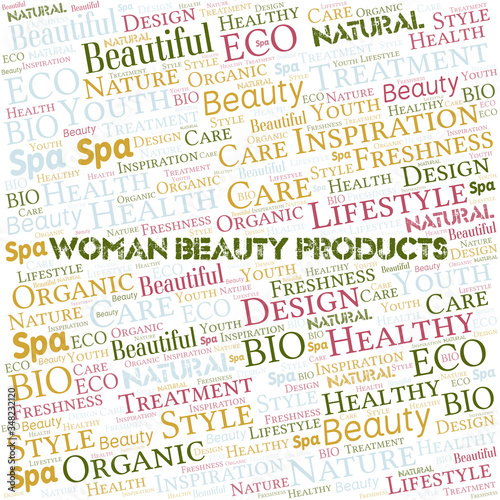 Woman Beauty Products word cloud collage made with text only.