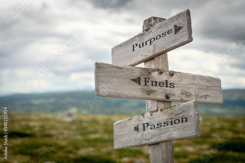 purpose fuels passion text engraved on old wooden signpost outdoors in nature. Quotes, words and illustration concept. photo