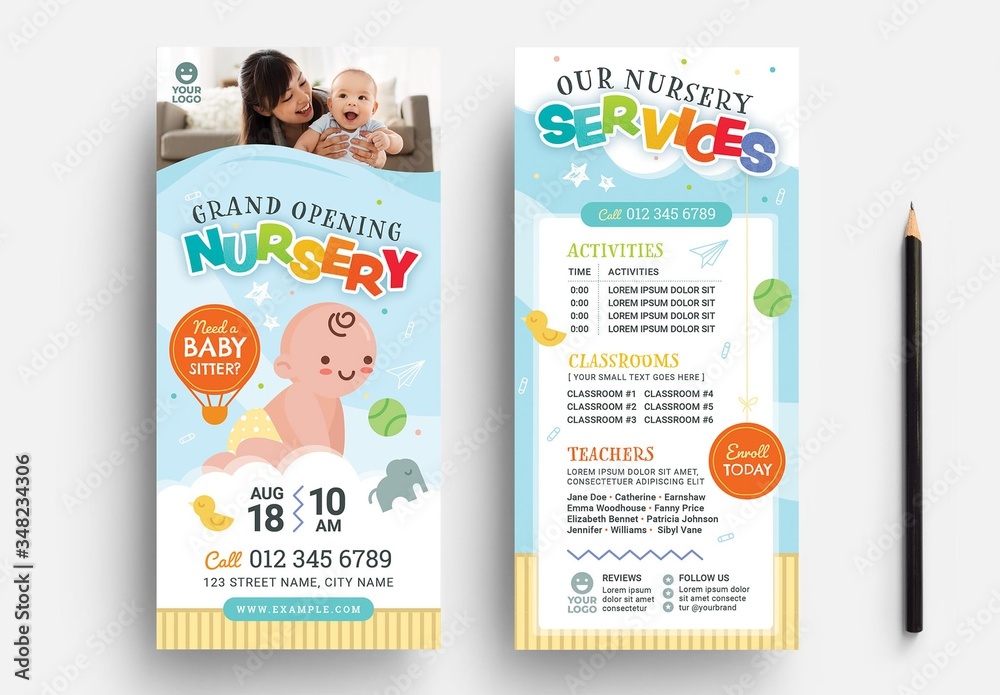 Thin Nursery Flyer Layout for Preschool & Kindergarten Stock Template