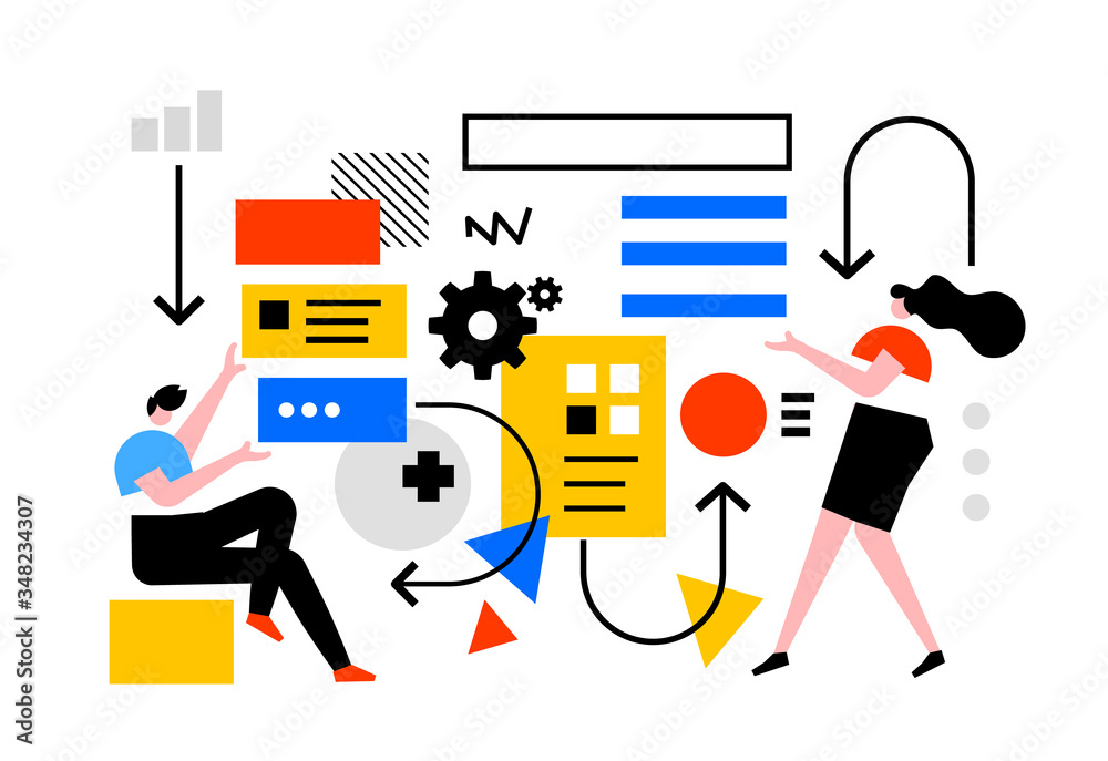 Vector creative business illustration of man and woman with abstract element on white background. Teamwork communication in business process. Vector creative business illustration of man and woman with abstract element on white background. Teamwork communication in business process.