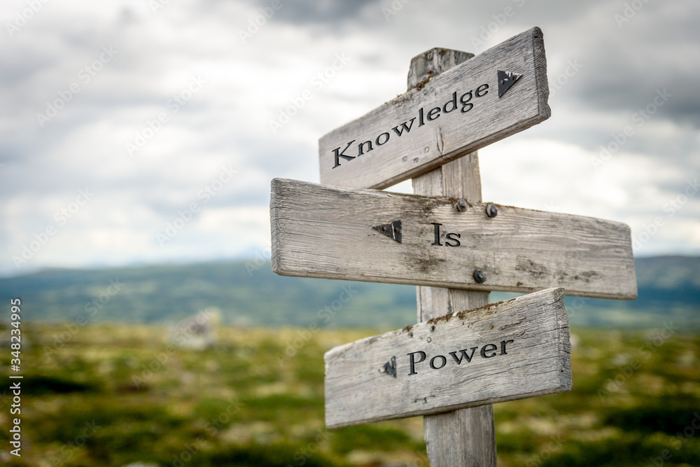 knowledge is power text engraved on old wooden signpost outdoors in nature. Quotes, words and illustration concept.