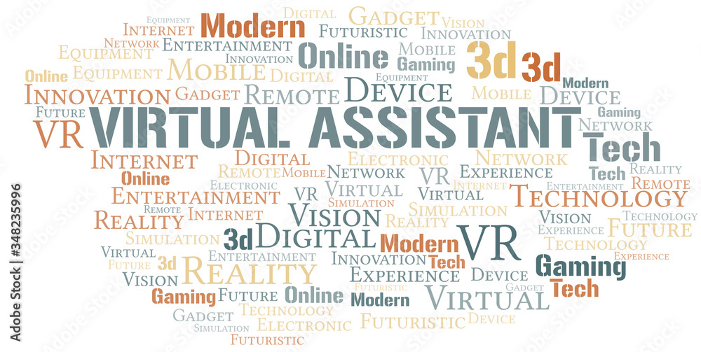 Virtual Assistant word cloud collage made with text only.