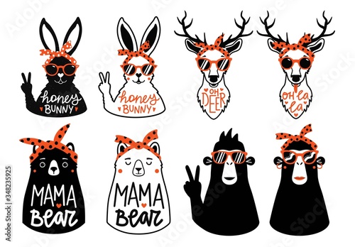 Vector collection with animals and lettering phrases. Bear, monkeys, deers and rabbits. Funny black, red and white typography set, apparel print design templates