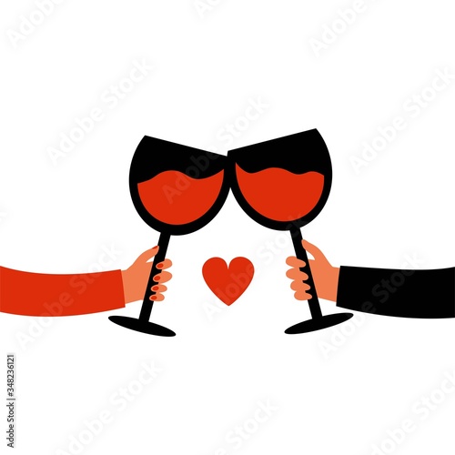 Cheers with red heart, wine glasses and male and female hands. Cartoon style drawn vector illustration. Design for banner, celebration posters, greeting cards, web, invitation template to party