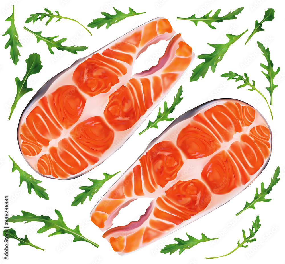 Salmon fish raw steaks with green rucola. Red fish, delicacy. Fillet, steak of fresh salmon. Seafood for your menu.Arugula leaves collection. 3D illustration isolated on white background Salmon fish raw steaks with green rucola. Red fish, delicacy. Fillet, steak of fresh salmon. Seafood for your menu.Arugula leaves collection. 3D illustration isolated on white background
