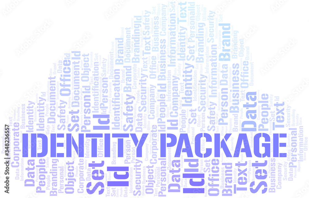 Identity Package word cloud collage made with text only.