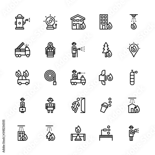 Set of firefighter, extinguisher, fire accident outline style icon - vector