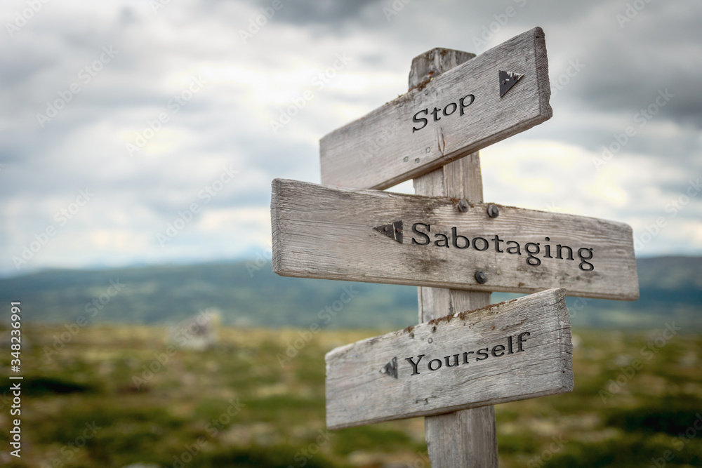 stop sabotaging yourself text engraved on old wooden signpost outdoors in nature. Quotes, words and illustration concept.