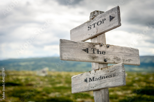 stop the madness text engraved on old wooden signpost outdoors in nature. Quotes, words and illustration concept.