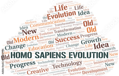 Homo Sapiens Evolution word cloud collage made with text only.