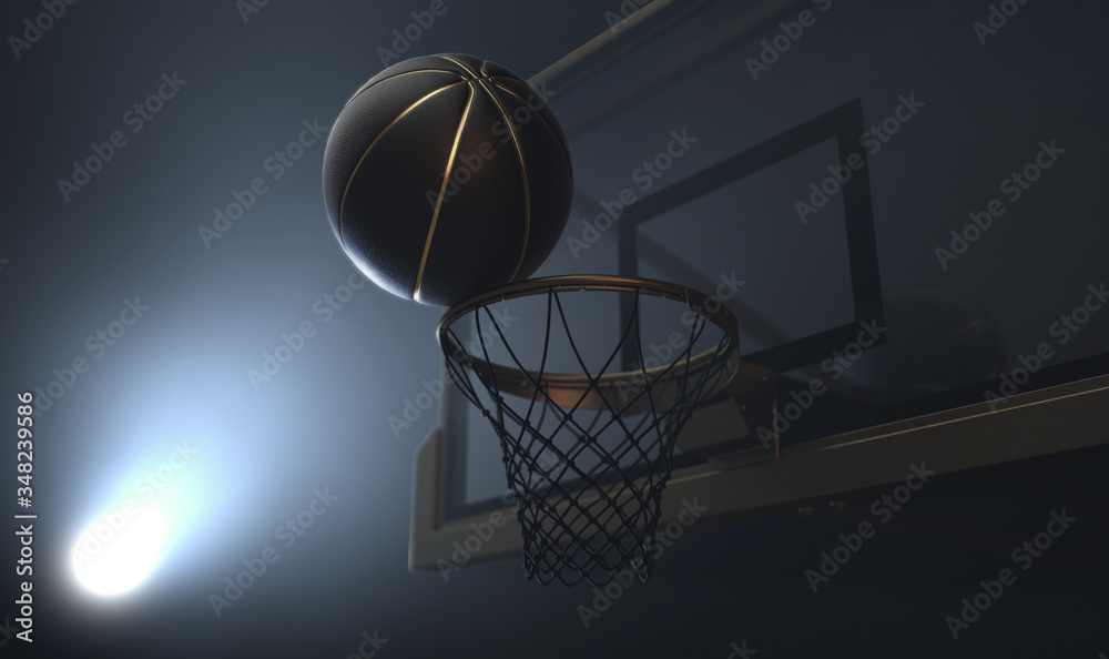 An action shot of a black and gold basketball teetering on the rim of a regular basketball hoop dramatically spotlit from behind on an isolated dark background - 3D render