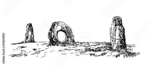 Menhirs, Vertical Stones of Unknown Origin, Vector. Graphic Drawing Sketch Megaliths Stone Age.
