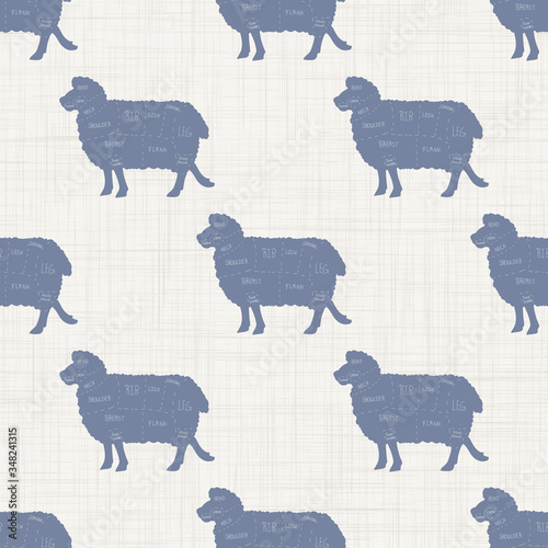 Seamless french farmhouse sheep charcuterie butcher pattern. Farmhouse linen shabby chic style. Hand drawn rustic texture background. Country farm kitchen design. Mutton meat cut textile all over.