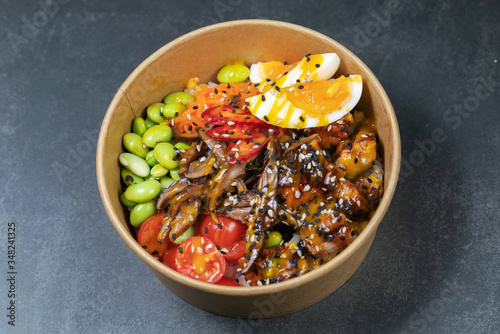 Poke bowl with moshroom, rice, agg and vegetables
