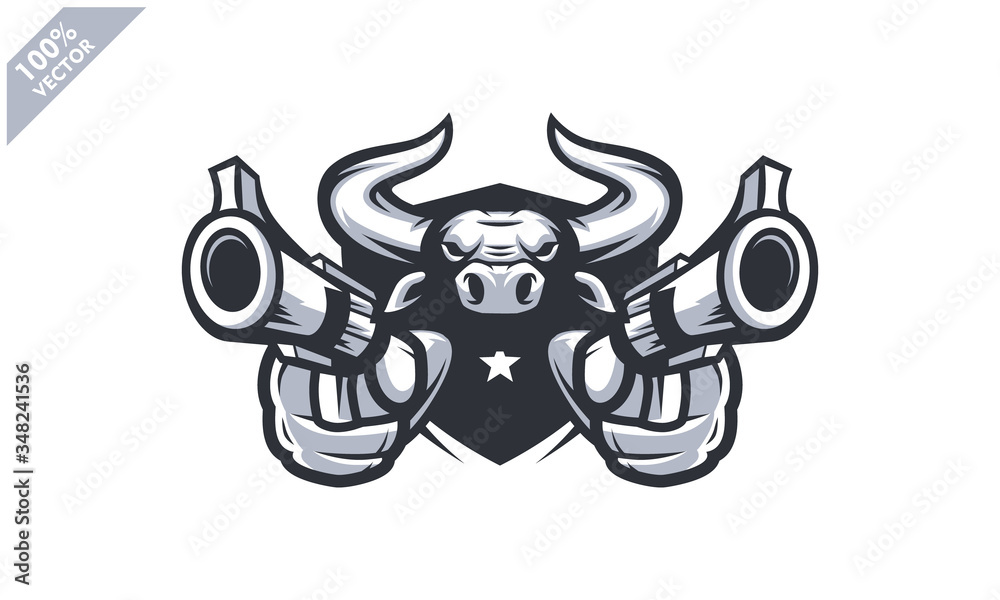 Bull head holding two gun, tactical team, Airsoft gun or Paintball club logo. Design element for company logo, label, emblem, apparel or other merchandise. Scalable and editable Vector illustration