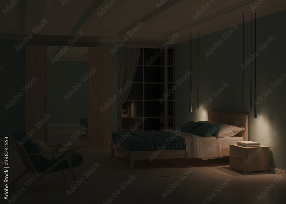 Fototapeta premium Modern bedroom interior with blue walls. Night. Evening lighting. 3D rendering.