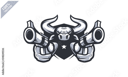 Bull head holding two gun, tactical team, Airsoft gun or Paintball club logo. Design element for company logo, label, emblem, apparel or other merchandise. Scalable and editable Vector illustration
