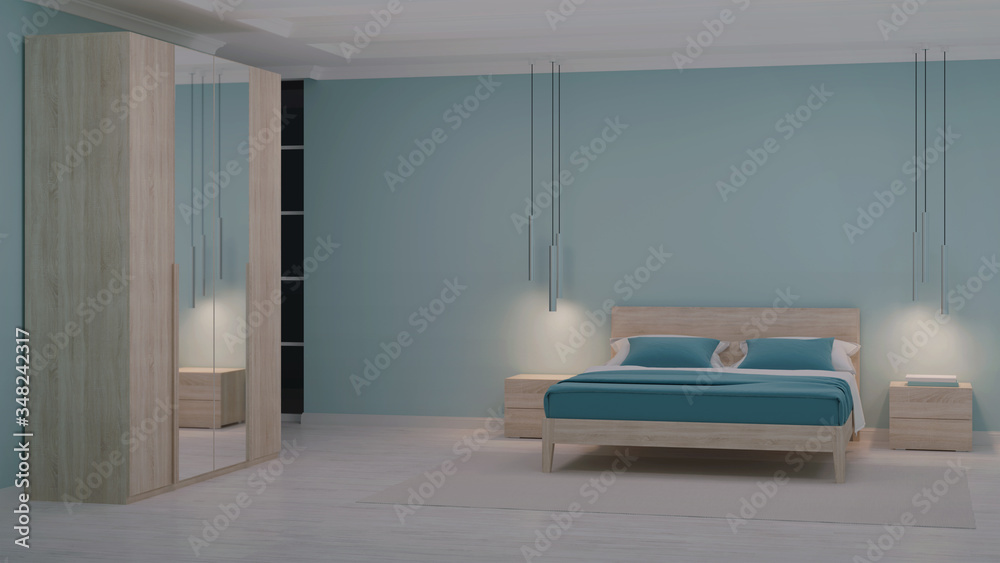 Fototapeta premium Modern bedroom interior with blue walls. Night. Evening lighting. 3D rendering.