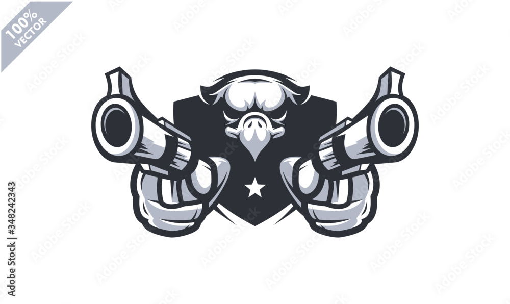 Eagle head holding two gun, tactical team, Airsoft gun or Paintball club logo. Design element for company logo, label, emblem,apparel or other merchandise. Scalable and editable Vector illustration Eagle head holding two gun, tactical team, Airsoft gun or Paintball club logo. Design element for company logo, label, emblem,apparel or other merchandise. Scalable and editable Vector illustration