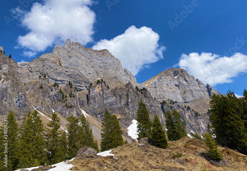 Alpine peaks Schibenstoll and Hinterrugg (Hinderrugg) in the Churfirsten mountain range, between the Obertoggenburg region and Lake Walensee - Canton of St. Gallen, Switzerland (Schweiz) photo