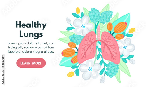 Vector healthy lungs on flowers. Background for label, advertisement of pulmonary medicine, landing or banner for pulmonology clinic, design for website or article about respiratory system health