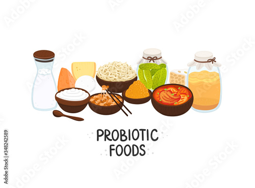 Vector probiotic foods. Best sources of probiotics. Beneficial bacteria improve health. Design is for label, brochure, menu, poster, advertising banner, article about diets, healthy proper nutrition