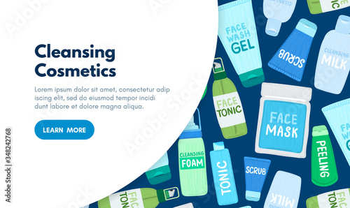 Organic or natural cosmetics. Many jars and bottles with cosmetic names. Facial skin care. Online store. Landing page template. Background is for banner, header, advertising, mailing list. Vector