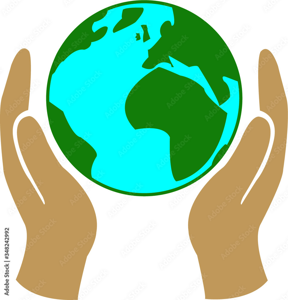 Planet Earth in hands, save the planet, ecology, climate vector icon color on blue background Planet Earth in hands, save the planet, ecology, climate vector icon color on blue background