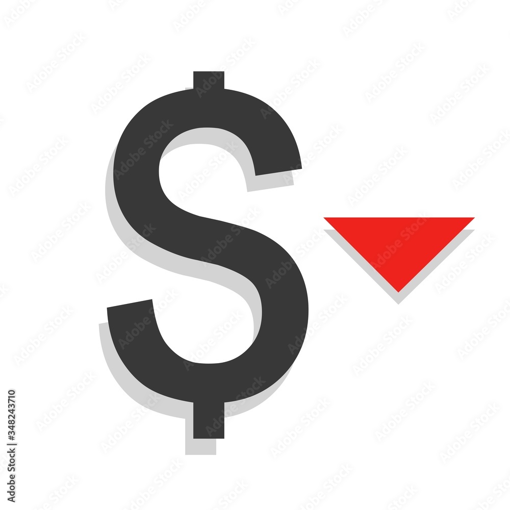 Dollar down icon. Cost reduction sign. Money symbol with arrow stretching rising drop fall down. Decrease dollar, fall, vector illustration. Dollar down icon. Cost reduction sign. Money symbol with arrow stretching rising drop fall down. Decrease dollar, fall, vector illustration.