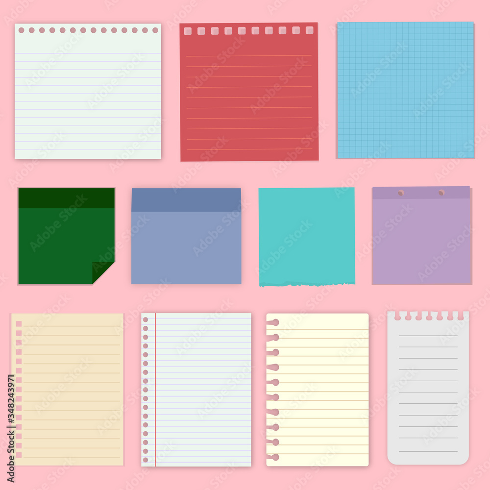 Set of colour sheets of note papers. Pieces of colourful pieces of paper, notebook paper strips stuck on pink background. Vector illustration Set of colour sheets of note papers. Pieces of colourful pieces of paper, notebook paper strips stuck on pink background. Vector illustration