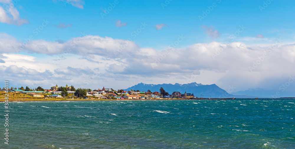 Cityscape of Puerto Natales city by the Last Hope Sound in Patagonia.