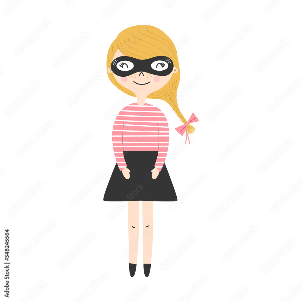 Cute kids cartoon ginger superhero girl. Vector illustration.