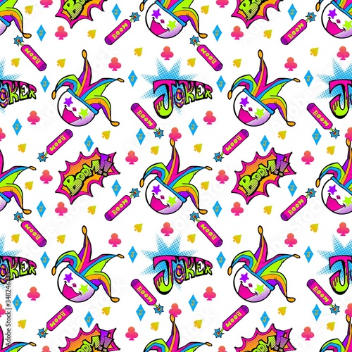 Joker and dynamite boom doodle illustration with typography seamless pattern vector with white background 