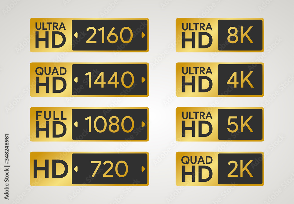 All HD labels. Full, ultra, quad high definition badge. 720, 1080, 1440, 2160 pixel resolution of screen. Plasma dimension icon. 8K, 5K, 4K, 2K display. PC and TV ratio in px. Vector illustration All HD labels. Full, ultra, quad high definition badge. 720, 1080, 1440, 2160 pixel resolution of screen. Plasma dimension icon. 8K, 5K, 4K, 2K display. PC and TV ratio in px. Vector illustration