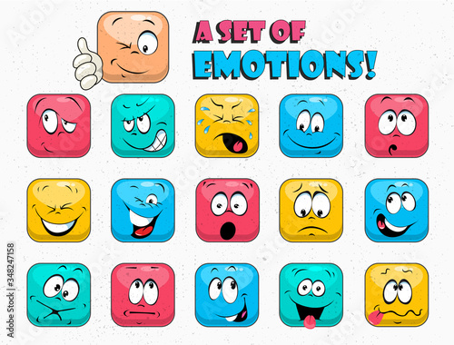 Funny cartoon colorful faces. Face with emotions. Facial expression. Sad, happy, angry faces. Funny cartoon characters. Vector illustration