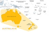 Australasia, Australia and New Zealand, a subregion of Oceania, political map. In UN geoscheme the continent Australia with New Zealand. A region in the Pacific Ocean. English. Illustration. Vector.