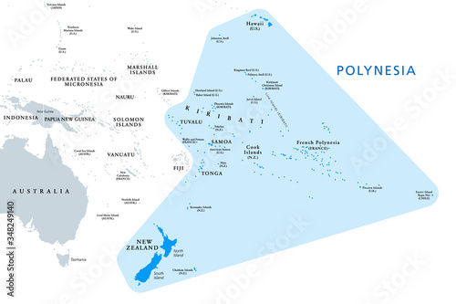Polynesia, subregion of Oceania, political map.  A region, made up of more than 1000 islands scattered over the central and southern Pacific Ocean. English. Illustration on white background. Vector.