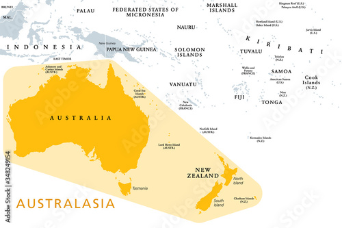 Australasia, Australia and New Zealand, a subregion of Oceania, political map. In UN geoscheme the continent Australia with New Zealand. A region in the Pacific Ocean. English. Illustration. Vector.