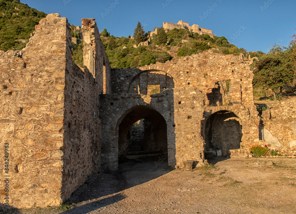 Ruins of a house in the ancient city of Mystras. Peloponnese, Greece