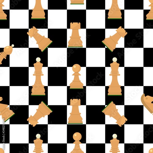 Seamless pattern with chess wooden figures.Brown and white pieces on chessboard. Vector.