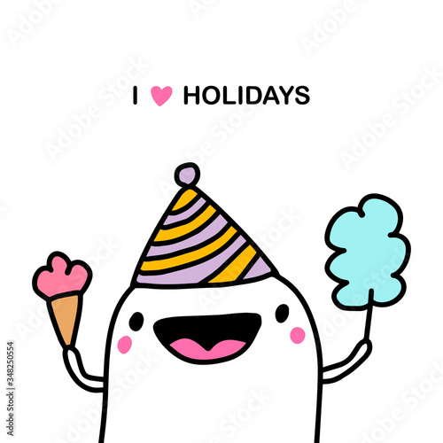 I love holidays hand drawn vector illustration in cartoon comic style man happy gholding ice cream and sweet dessert