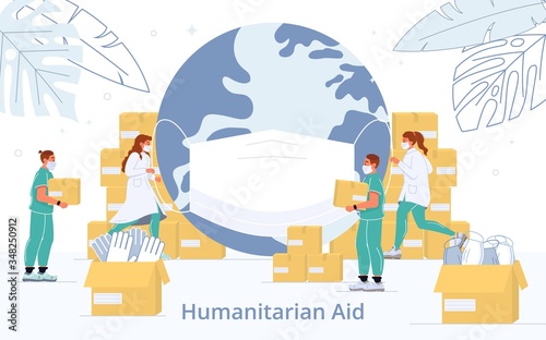 Medical humanitarian help in coronavirus crisis. Flu infection disease pandemic quarantine. Medic staff doctor volunteer huge planet earth in respiratory mask packing parcel for needy clinic, pharmacy