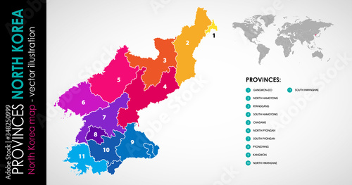 Vector map of North Korea regions beautiful colours 