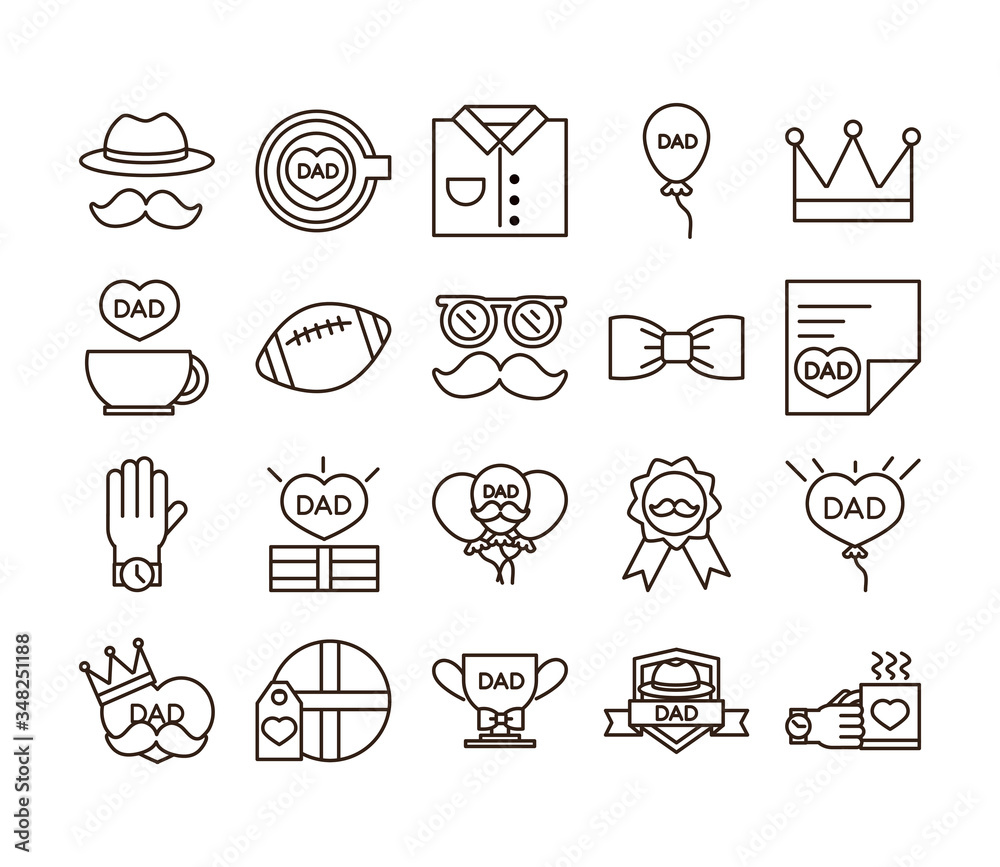 happy fathers day, celebration accessories message decoration party icon set line style icon happy fathers day, celebration accessories message decoration party icon set line style icon