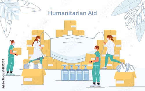 Humanitarian help. Worldwide coronavirus crisis. Goodwill mission support. Doctor staff team in face mask collect medical tools, protective clothing in package parcel under respiratory supply