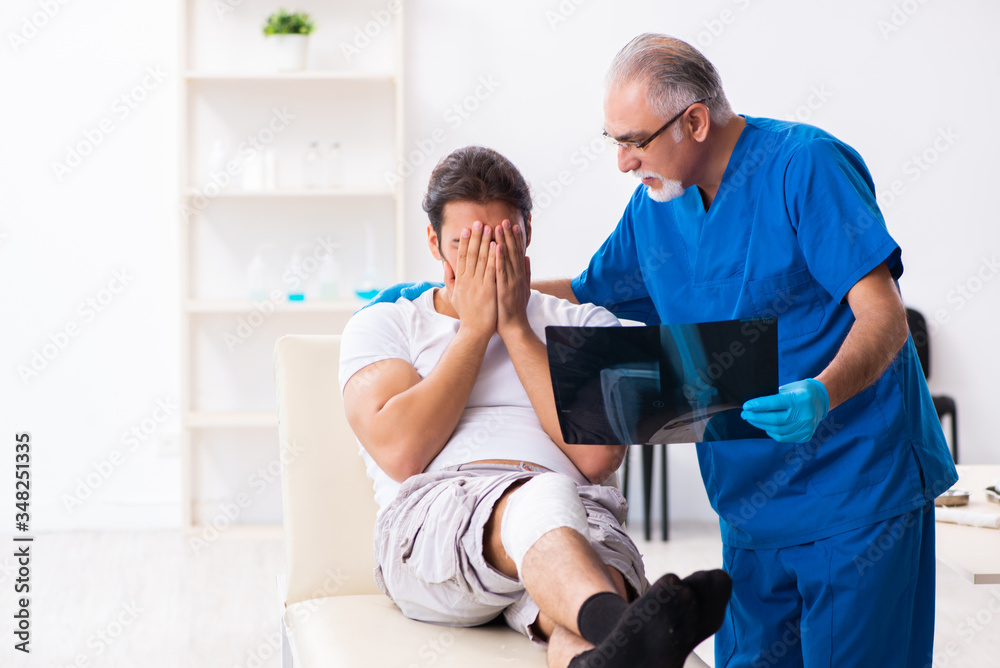 Leg injured man visiting old doctor in first aid concept Leg injured man visiting old doctor in first aid concept