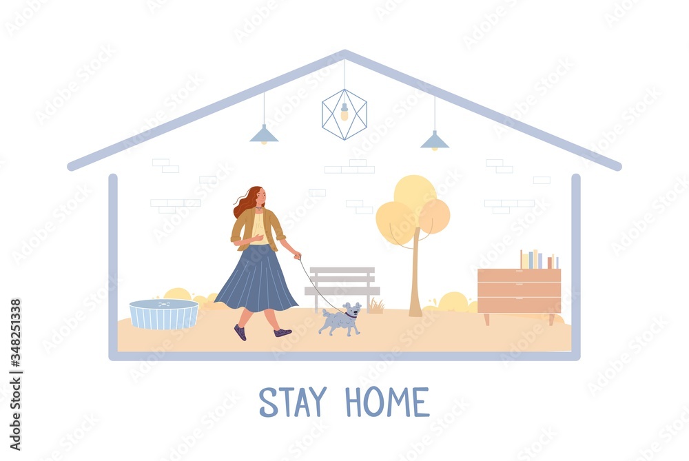 Woman pet owner walking dog on social distancing self-isolation during quarantine. Stay home motivation poster. House frame on white. Furnished room, natural park design. Infection risk reduce