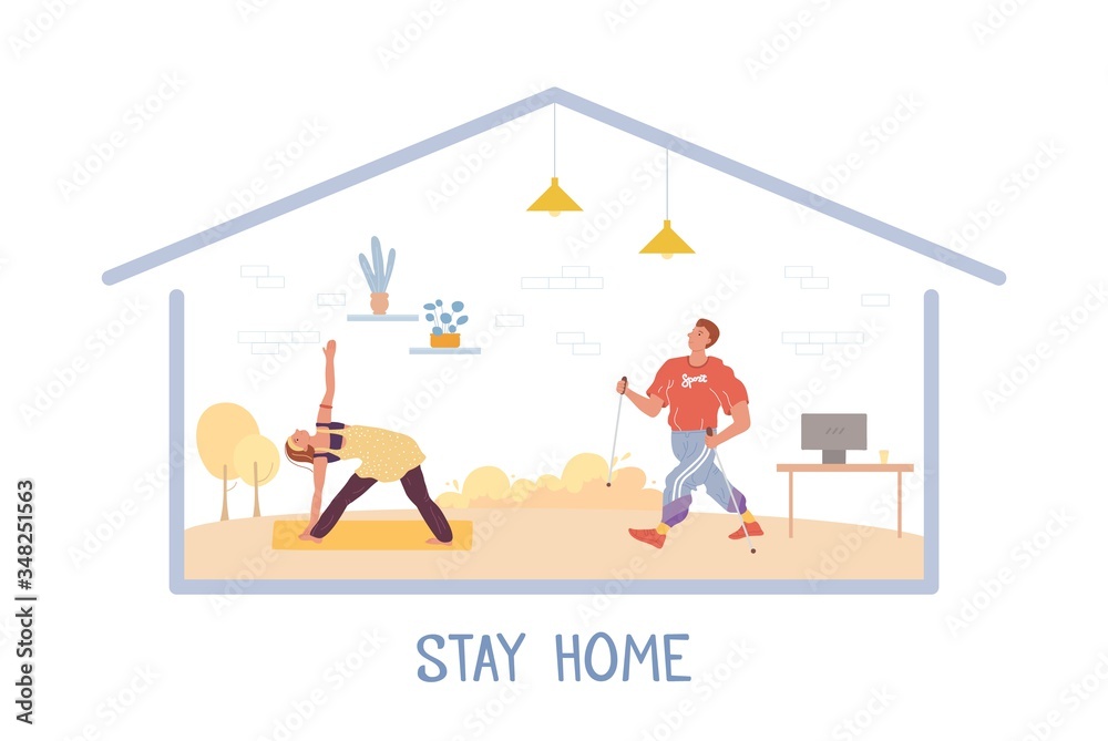 Positive healthy people stay home. Active sport, fitness training, yoga, nordic walk. Isolation, coronavirus quarantine. Furnished house frame. Man woman under roof. Eco-friendly natural design Positive healthy people stay home. Active sport, fitness training, yoga, nordic walk. Isolation, coronavirus quarantine. Furnished house frame. Man woman under roof. Eco-friendly natural design