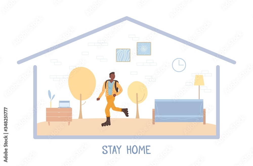Teenager roller skater stay home motivational poster. Afro-american boy under house roof. Abstract apartment interior. Sport activity during self-isolation on quarantine. Coronavirus pandemic
