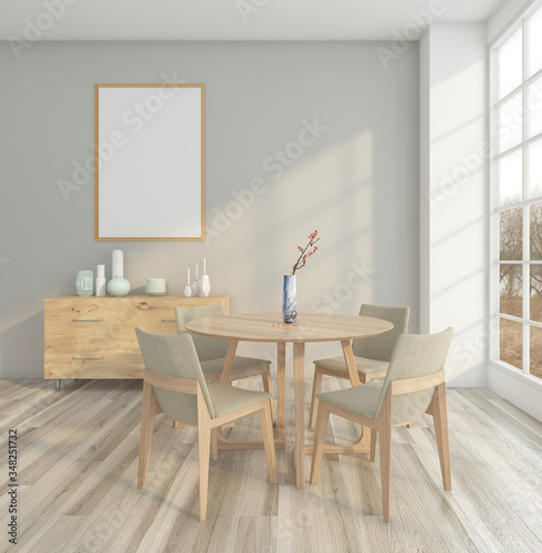 Minimal dining room with table and chair   wood sideboard   gray wall and picture frame. 3D rendering